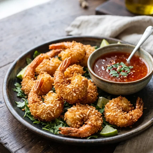 Crispy air fryer coconut shrimp coated with panko and coconut flakes, served with sweet chili dipping sauce and fresh lime wedges.