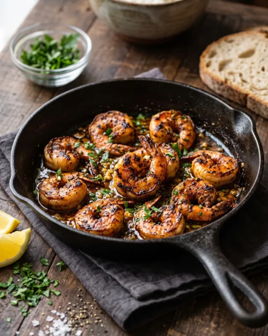 Blackened Cajun Shrimp Skillet with juicy seasoned shrimp, garlic butter sauce, and fresh parsley served in a cast iron skillet.