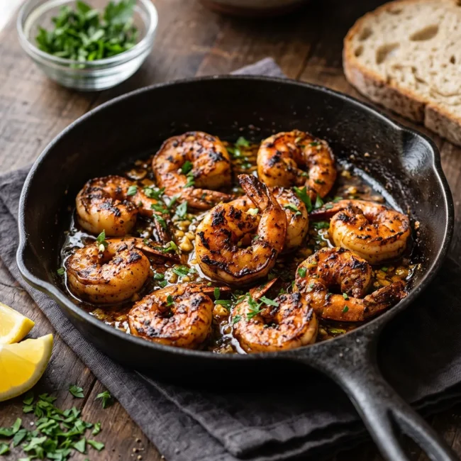 Blackened Cajun Shrimp Skillet with juicy seasoned shrimp, garlic butter sauce, and fresh parsley served in a cast iron skillet.
