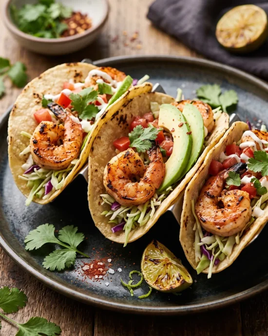 Grilled chili-lime shrimp tacos with juicy shrimp, corn tortillas, fresh cabbage, avocado, and lime wedges served on a plate.
