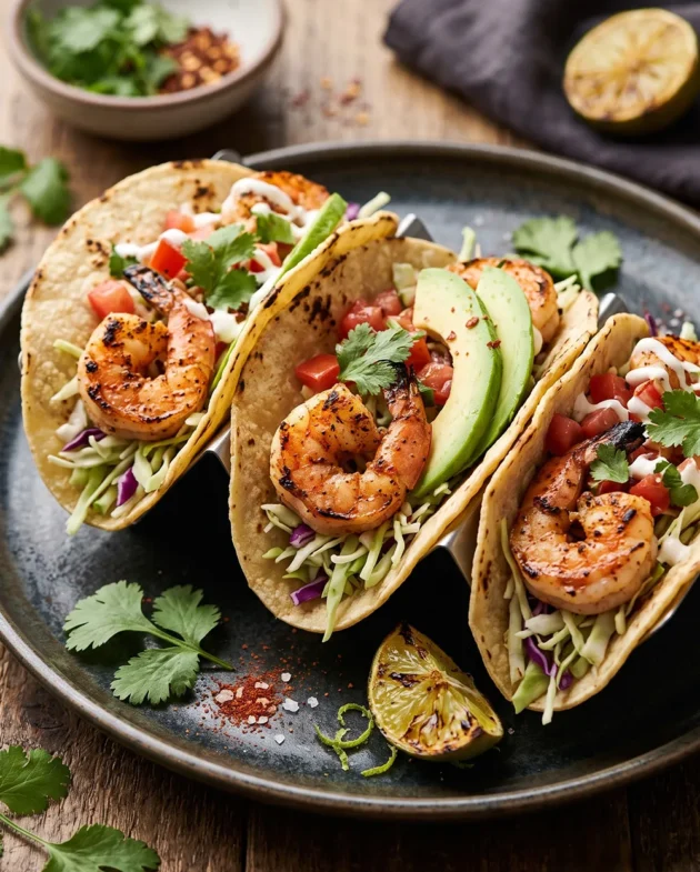 Grilled chili-lime shrimp tacos with juicy shrimp, corn tortillas, fresh cabbage, avocado, and lime wedges served on a plate.