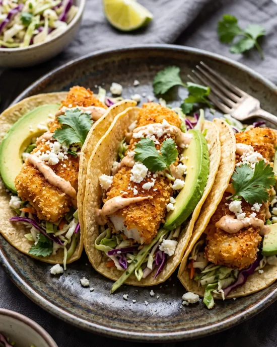 Crispy Air Fryer Fish Tacos made with golden panko-crusted white fish, fresh cabbage slaw, avocado, and corn tortillas served with lime wedges.