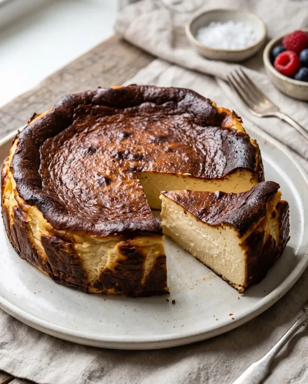 Creamy Basque Burnt Cheesecake with a deeply caramelized top and no crust, sliced and served on a white dessert plate.