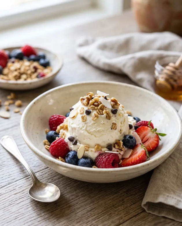 Creamy high-protein cottage cheese ice cream made with two ingredients, scooped into a bowl and drizzled with honey.