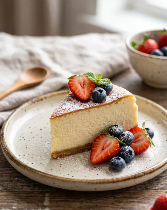 Creamy 2-Ingredient Japanese Cheesecake made with Greek yogurt and crushed cookies, served chilled with fresh berries.