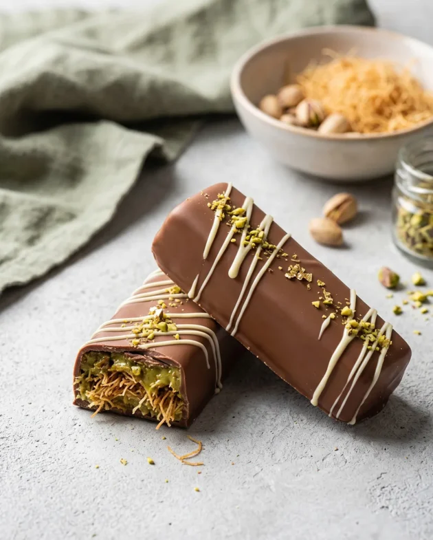 Homemade Dubai Chocolate Bar filled with crunchy pistachio kataifi and tahini, coated in rich milk chocolate and topped with chopped pistachios.