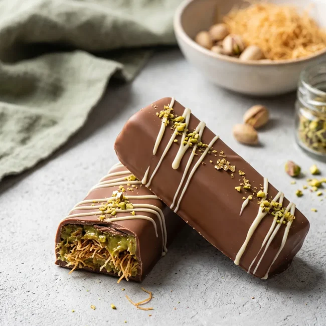 Homemade Dubai Chocolate Bar filled with crunchy pistachio kataifi and tahini, coated in rich milk chocolate and topped with chopped pistachios.