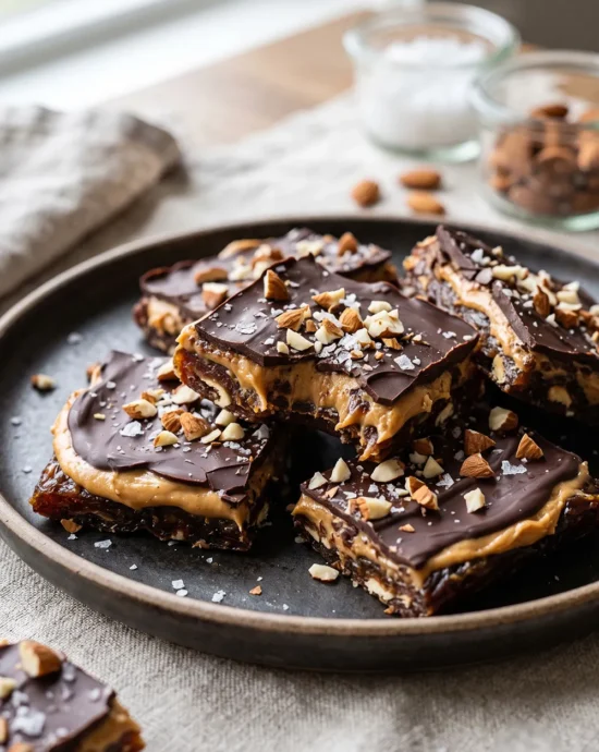 Date Bark with Peanut Butter and Chocolate topped with chopped almonds and flaky sea salt on parchment paper, sliced into bite-sized pieces.