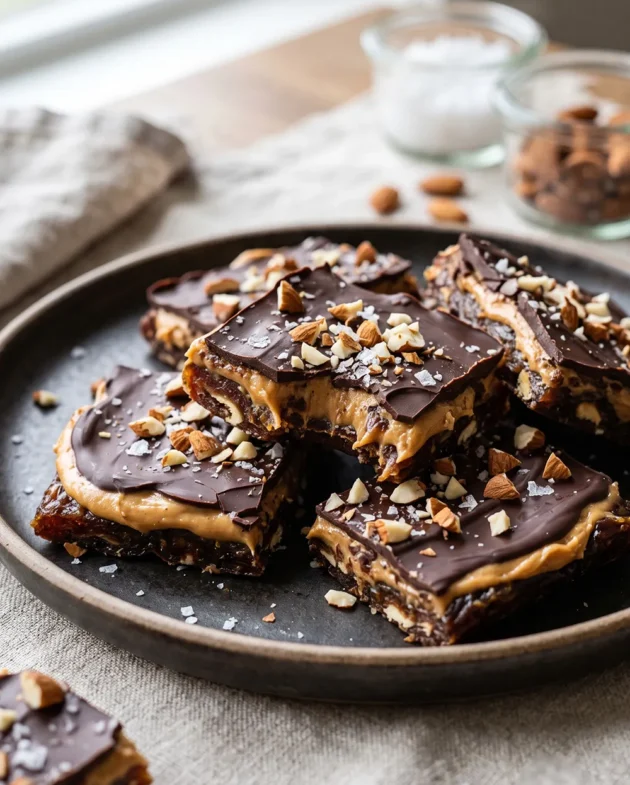 Date Bark with Peanut Butter and Chocolate topped with chopped almonds and flaky sea salt on parchment paper, sliced into bite-sized pieces.