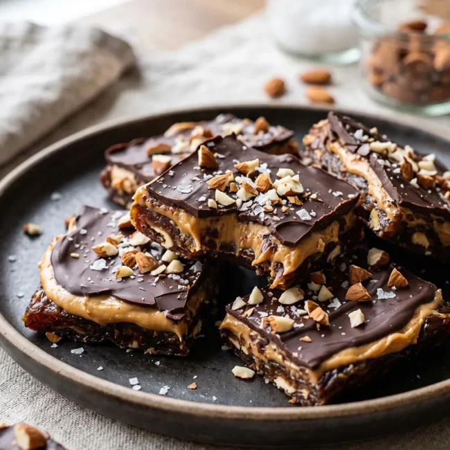 Date Bark with Peanut Butter and Chocolate topped with chopped almonds and flaky sea salt on parchment paper, sliced into bite-sized pieces.