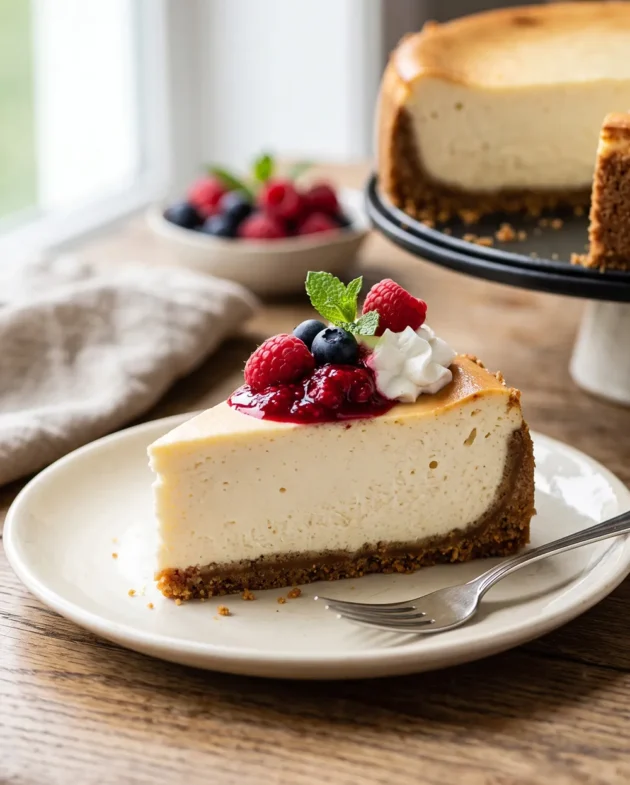 Classic New York Cheesecake with a buttery graham cracker crust and rich, creamy cream cheese filling served on a dessert plate.