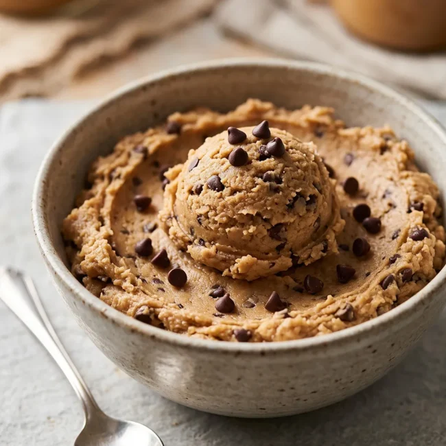 Creamy no-bake protein cookie dough made with protein powder, peanut butter, oat flour, and chocolate chips in a serving bowl.