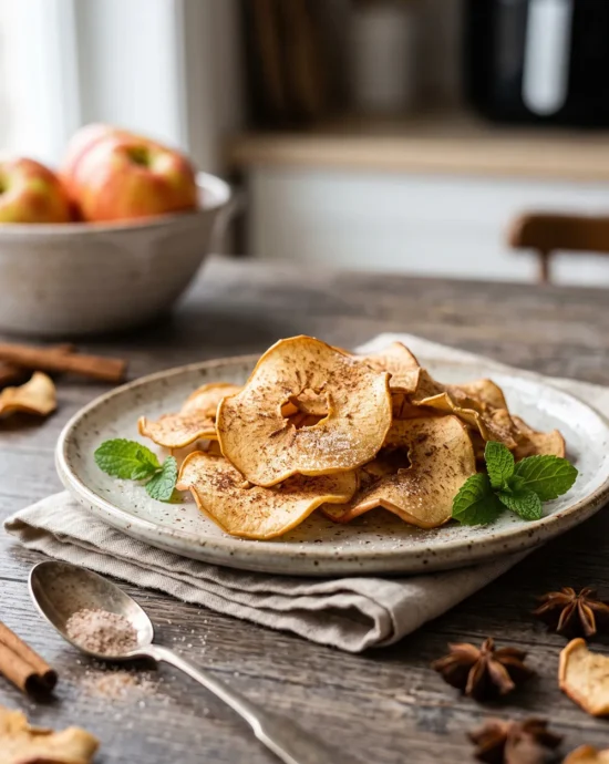 Crispy air fryer apple chips sprinkled with cinnamon and served in a wooden bowl for a healthy homemade dessert.