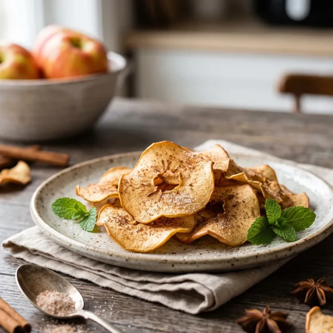 Crispy air fryer apple chips sprinkled with cinnamon and served in a wooden bowl for a healthy homemade dessert.