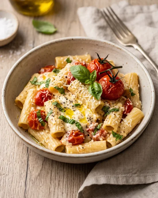 TikTok Baked Feta Pasta with creamy feta cheese sauce, roasted cherry tomatoes, and pasta served in a bowl with fresh basil.