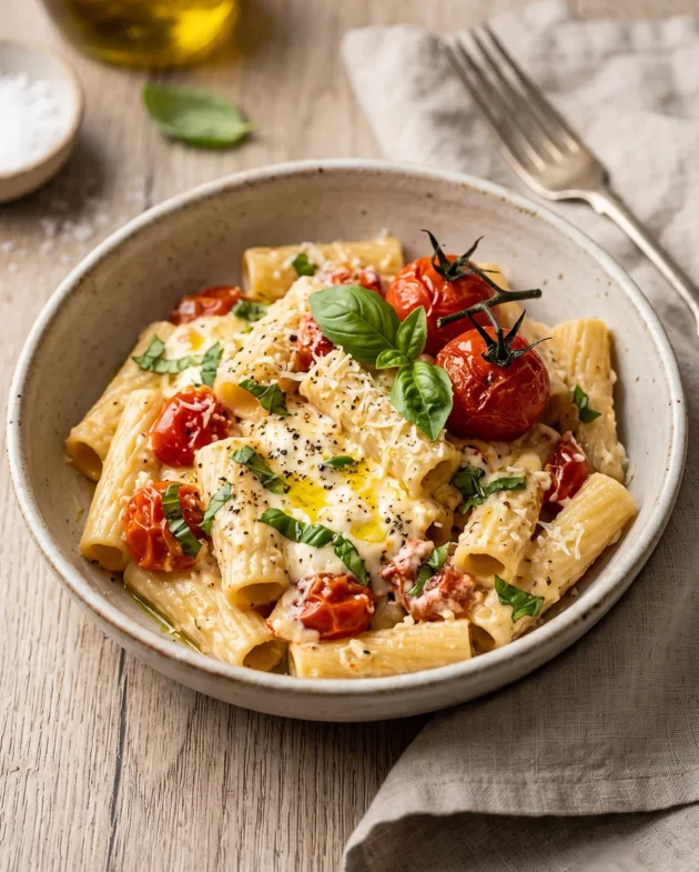 TikTok Baked Feta Pasta with creamy feta cheese sauce, roasted cherry tomatoes, and pasta served in a bowl with fresh basil.