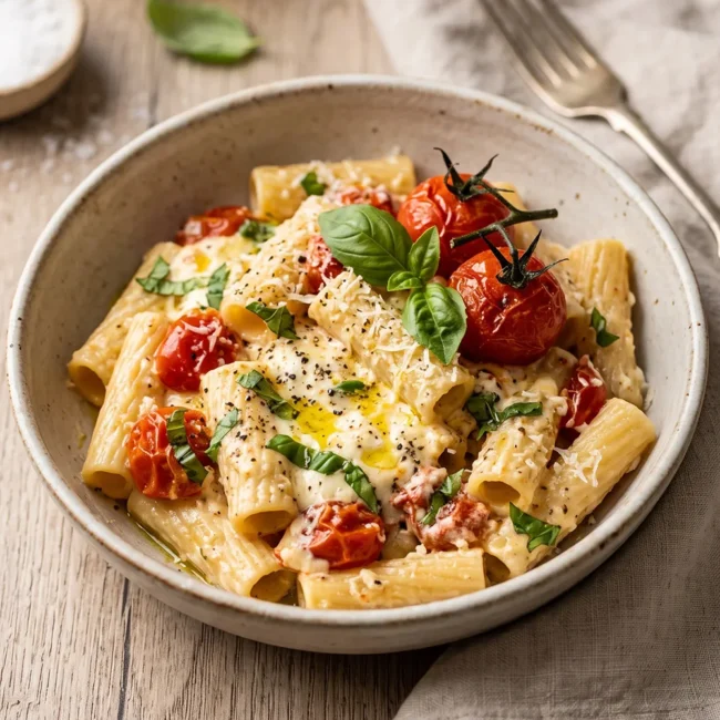 TikTok Baked Feta Pasta with creamy feta cheese sauce, roasted cherry tomatoes, and pasta served in a bowl with fresh basil.