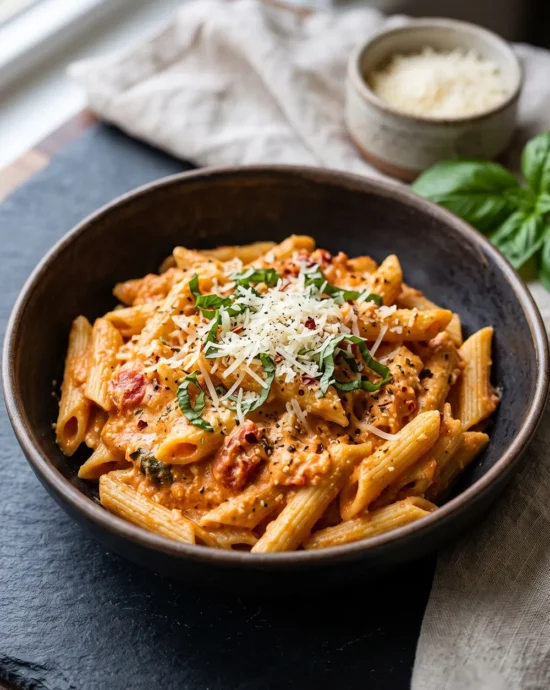 High-protein cottage cheese pasta sauce tossed with pasta, tomatoes, and garlic in a creamy homemade stovetop sauce.