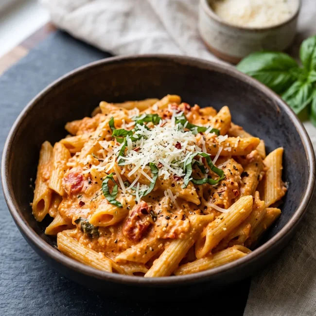 High-protein cottage cheese pasta sauce tossed with pasta, tomatoes, and garlic in a creamy homemade stovetop sauce.
