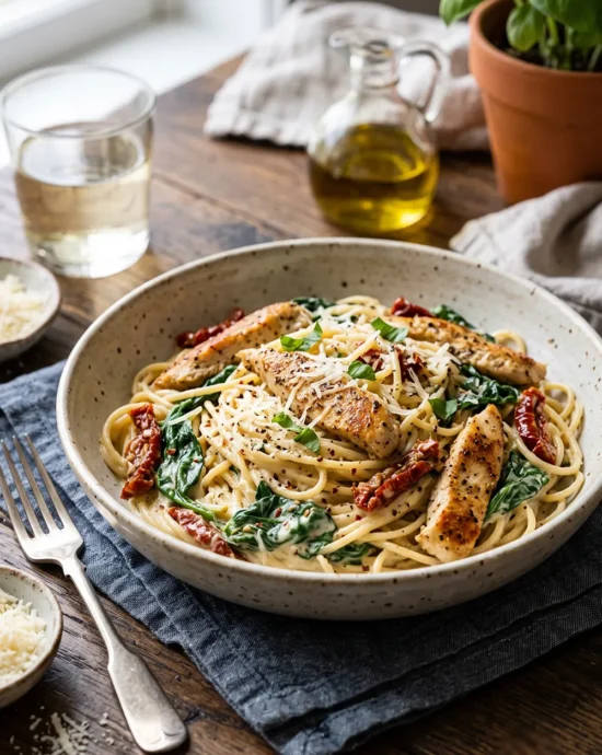 Creamy Tuscan chicken pasta with tender chicken breast, sun-dried tomatoes, spinach, and creamy garlic sauce served in a bowl.