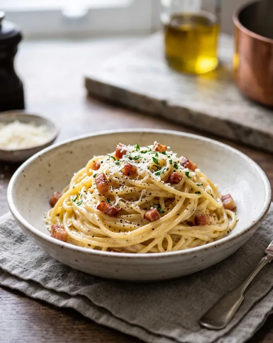 Classic Spaghetti Carbonara served in a white bowl with crispy pancetta, freshly grated Parmesan cheese, cracked black pepper, and chopped parsley.