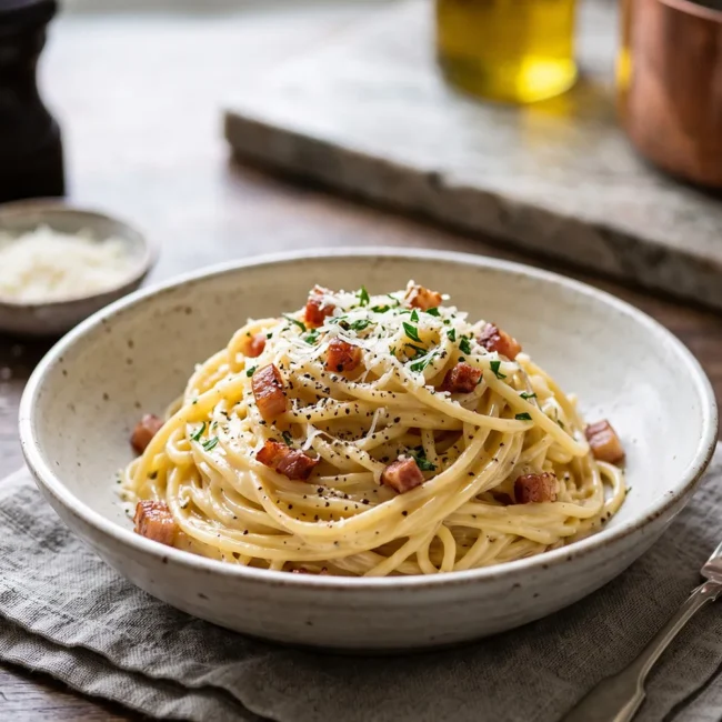 Classic Spaghetti Carbonara served in a white bowl with crispy pancetta, freshly grated Parmesan cheese, cracked black pepper, and chopped parsley.