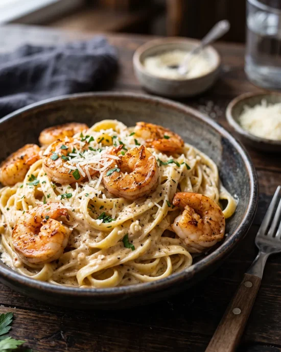 Creamy Cajun Shrimp Alfredo Pasta made with fettuccine, juicy Cajun-seasoned shrimp, homemade Alfredo sauce, Parmesan cheese, and fresh parsley.