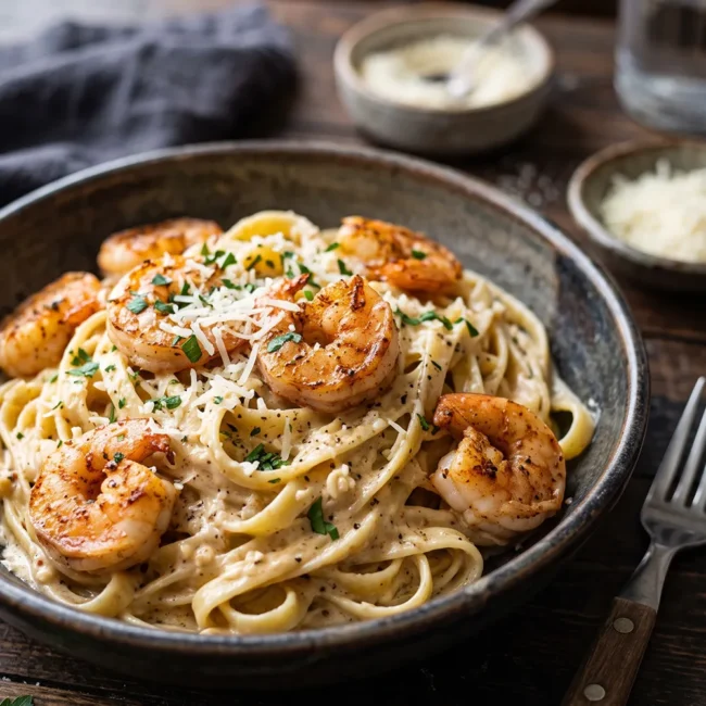 Creamy Cajun Shrimp Alfredo Pasta made with fettuccine, juicy Cajun-seasoned shrimp, homemade Alfredo sauce, Parmesan cheese, and fresh parsley.