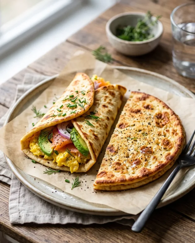 High-Protein Cottage Cheese Flatbread made with two ingredients, oven-baked until golden and served as a healthy breakfast option.