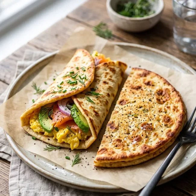 High-Protein Cottage Cheese Flatbread made with two ingredients, oven-baked until golden and served as a healthy breakfast option.