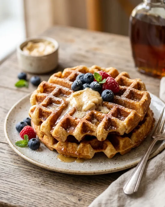 Classic Belgian waffles topped with homemade maple butter, fresh berries, and syrup served on a breakfast table.