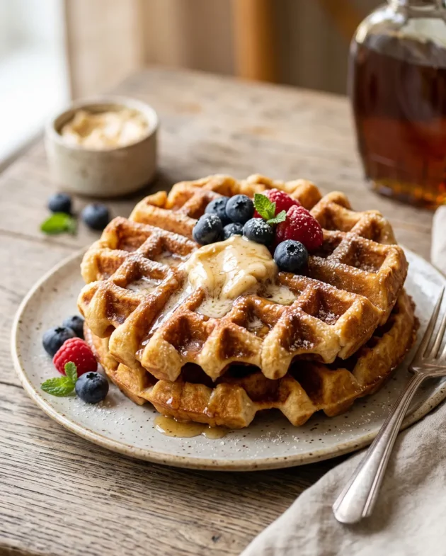 Classic Belgian waffles topped with homemade maple butter, fresh berries, and syrup served on a breakfast table.