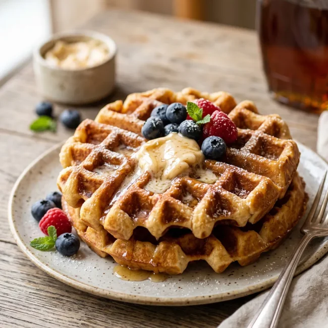 Classic Belgian waffles topped with homemade maple butter, fresh berries, and syrup served on a breakfast table.