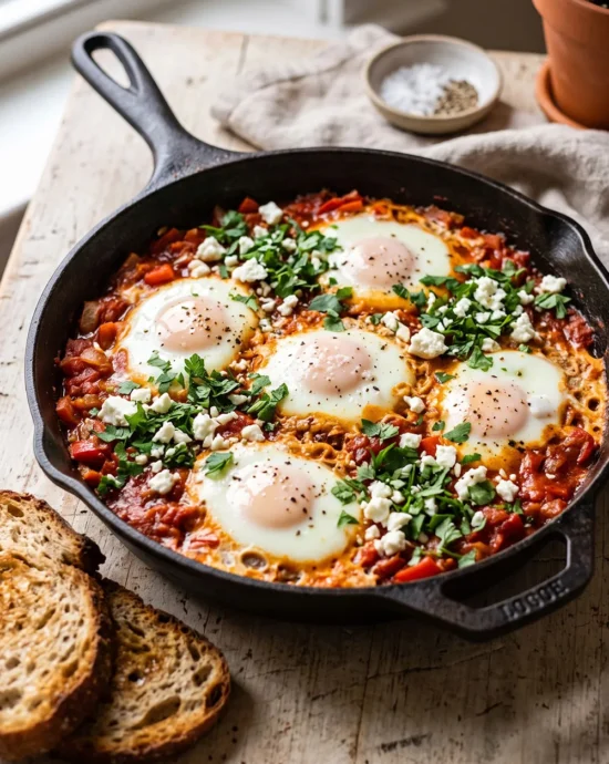 Shakshuka with feta and fresh herbs served in a skillet with perfectly cooked eggs, rich tomato sauce, bell peppers, and Middle Eastern breakfast flavors.