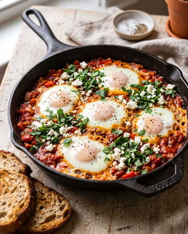 Shakshuka with feta and fresh herbs served in a skillet with perfectly cooked eggs, rich tomato sauce, bell peppers, and Middle Eastern breakfast flavors.