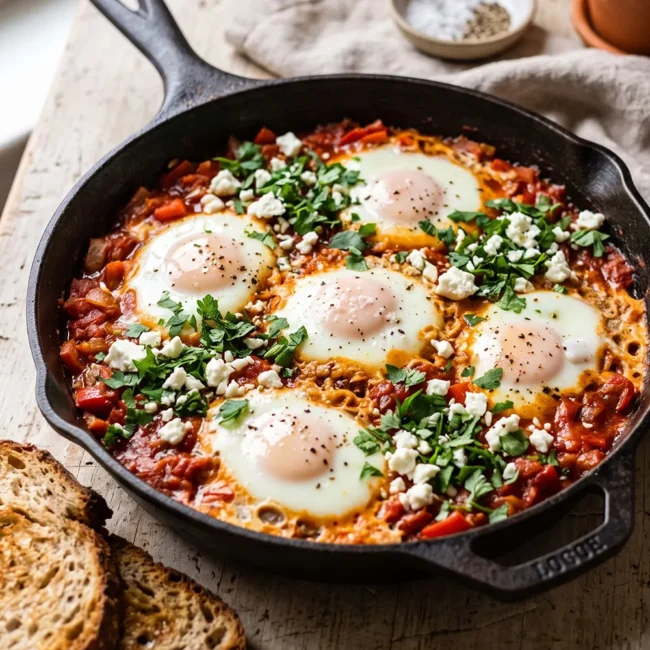 Shakshuka with feta and fresh herbs served in a skillet with perfectly cooked eggs, rich tomato sauce, bell peppers, and Middle Eastern breakfast flavors.